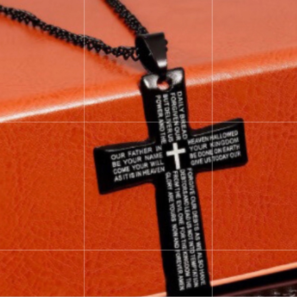 Men's Stainless Steel Simple Black Cross Pendant Lord's Prayer Necklace